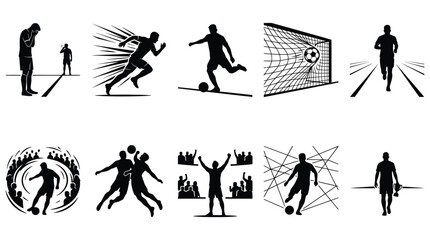 Fototapeta premium Soccer player silhouettes on a white background a collection of dynamic athletic figures football silhouette sports action movement running kicking goal net stadium crowd team
