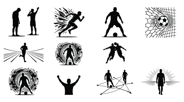 Soccer player silhouettes with dynamic lines a black and white vector illustration football athlete sportsman kicker striker midfielder goalkeeper silhouette graphic design sports graphics energy