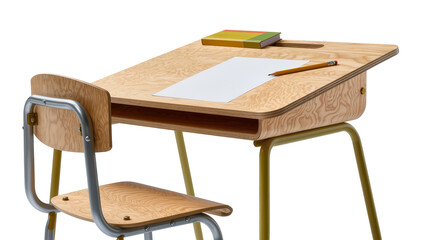 Fototapeta premium Isolated modern wooden school desk and chair set with book, pencil, and paper for education