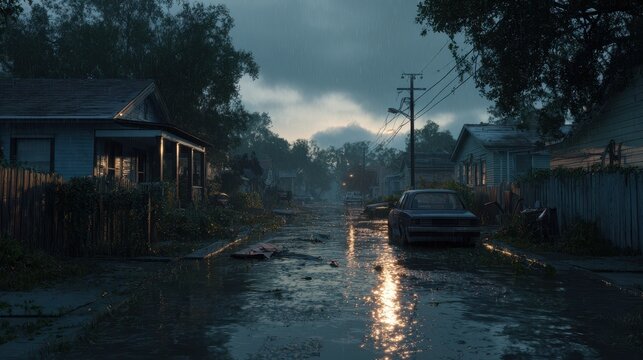 Photorealistic 3D render of a flooded suburban neighborhood after a hurricane