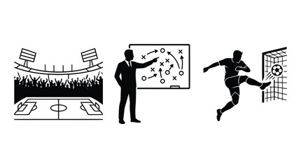 Soccer themed silhouettes on a white background depicting stadium coach and player football spectators trainer tactics strategy kicking striking goal net sports athletic competition game © FOR YOU