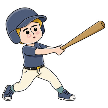 Cute little boy holding baseball bat practicing swing cartoon character