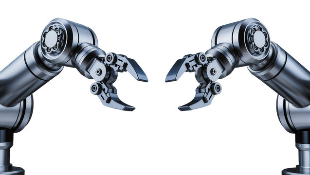 Isolated two sleek metallic robotic arms with precise grippers for modern industrial automation.