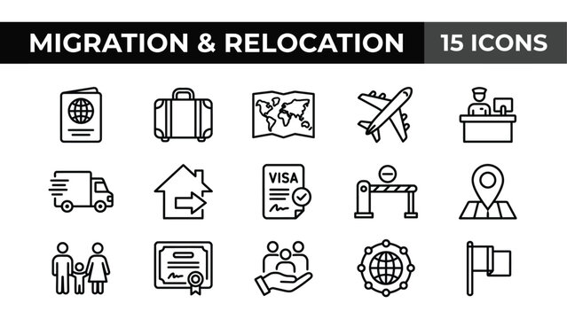 Migration and relocation icons set, 15 symbols