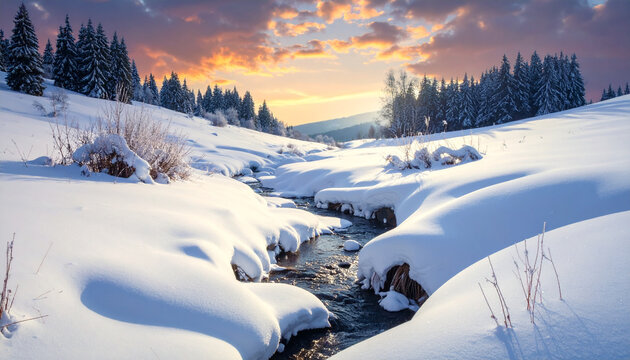 Winter stream at sunset with snow covered banks