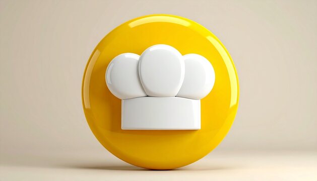 Glossy yellow circular button with white chef hat icon isolated on whi