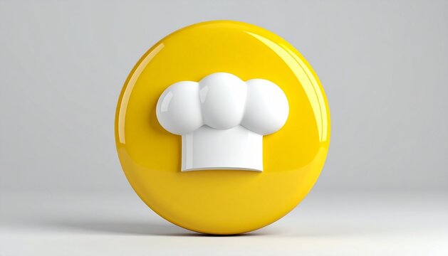 Glossy yellow circular button with white chef hat icon isolated on whi