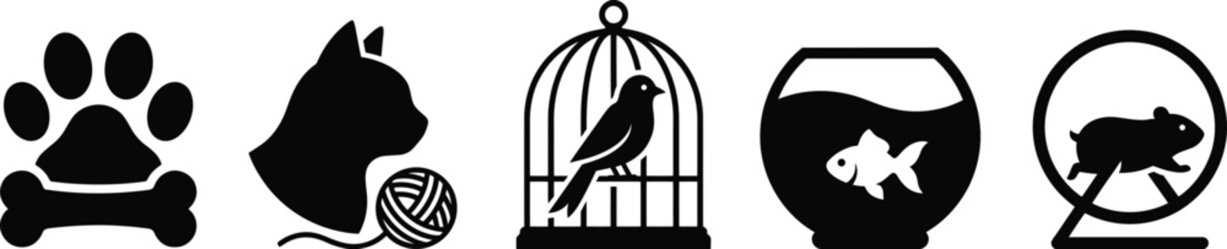 Black silhouettes of pet icons including dog, bird, fish and rat