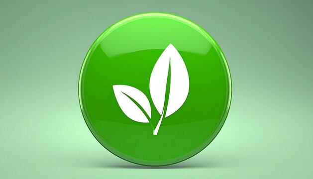 Glossy green gradient circular button with white vegetarian leaf icon