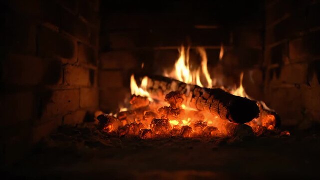 Warm Glowing Fire Burning Bright in Brick Fireplace