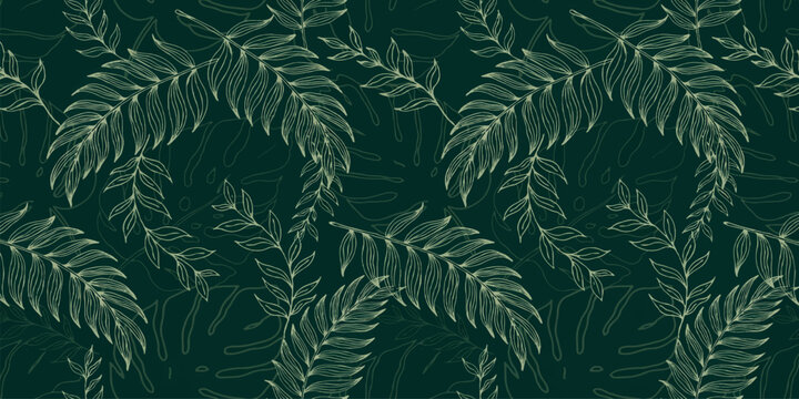 Green fern leaves pattern in a dark forest setting with subtle white outlines and organic texture