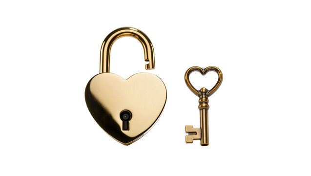 Isolated elegant golden heart padlock and key set for love and security concepts