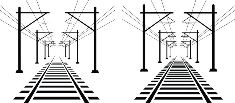 Railway Track Silhouette with Overhead Electric Catenary Infrastructure Perspective View