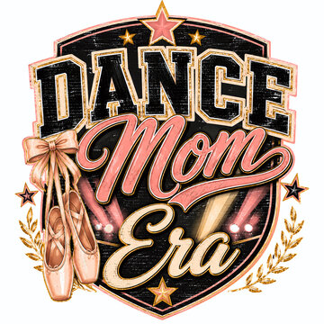 Dance mom era quote design with dance shoes, stars, stage-light details and elegant sporty typography mixed with script in black, blush, cream and gold