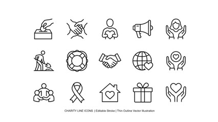 Fototapeta premium Charity, Donation, Volunteer Support, Humanitarian Aid, Fundraising, Community Care, Social Welfare and Nonprofit Organization line icons. Editable outline vector collection for awareness and charity 