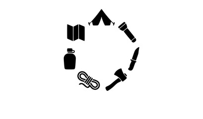 Camping outdoor lifestyle gear icon set vector illustration with tent campfire and hiking equipment silhouettes © MDSAKIB