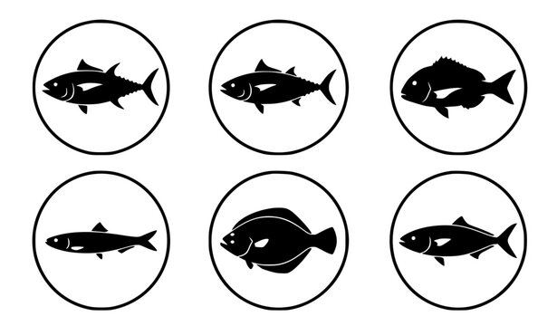 Japanese saltwater fish icon set in circular badge vector silhouette style marine seafood collection