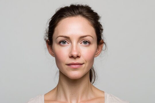 Studio passport-style portrait of a woman: front-facing pose, clean look, even illumination