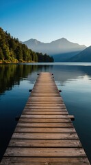 Fototapeta premium Wooden pier juts into calm lake water, mountains and pine forest edge tranquil scene. Clear blue sky over serene water body, peaceful morning light.