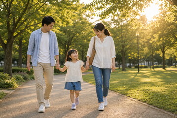 Obraz premium 手をつないで公園を歩く夏の家族