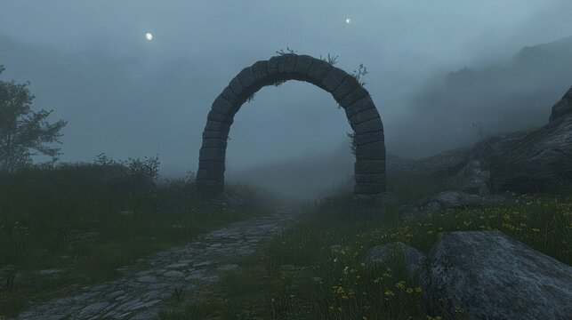 Curved Stone Path to Glowing Archway in Diffused Haze
