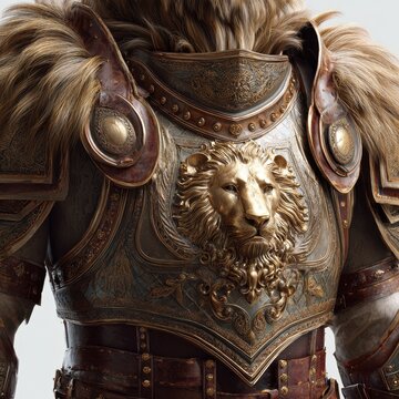 Medieval armor design featuring a lion motif and large pauldrons on a plain white background