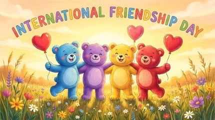 Naklejka premium Cute Colorful Teddy Bears Holding Red Hearts Celebrating International Friendship Day in a Beautiful Floral Meadow Illustration