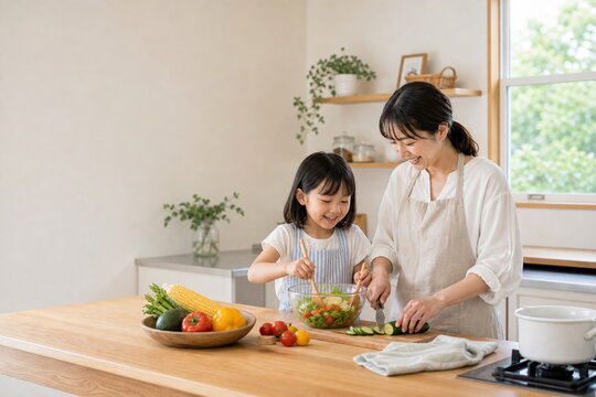 余白のある台所で料理をする母と子供