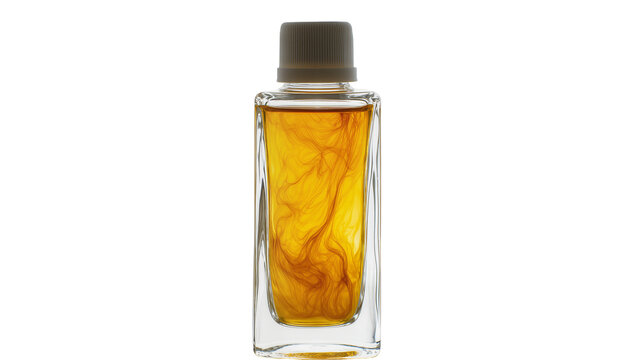 Isolated elegant rectangular glass bottle with golden cosmetic liquid and swirling threads.