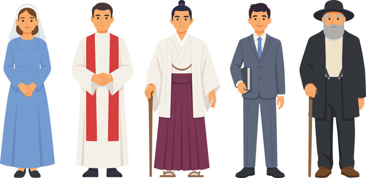 Diverse Religious Leaders Character Set Featuring Christian Nun Catholic Priest Shinto Kannushi Protestant Pastor and Jewish Rabbi Standing Vector Illustration