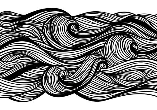 Stylized ocean waves in flowing black and white pattern.