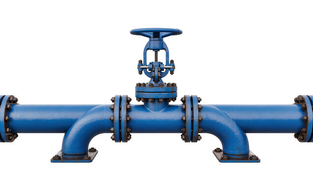 Isolated blue industrial pipeline system with a large control valve and connecting flanges