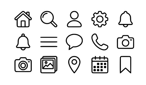 Black and white mobile UI icon set inspired by modern iOS and Android interface design editable vector illustration