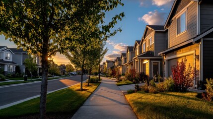 Fototapeta premium Modern suburban neighborhood with new single-family homes at golden hour