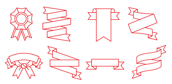 Set of eight hand-drawn red outline ribbon banners and vintage style award rosettes for design elements with decoration collection geometric