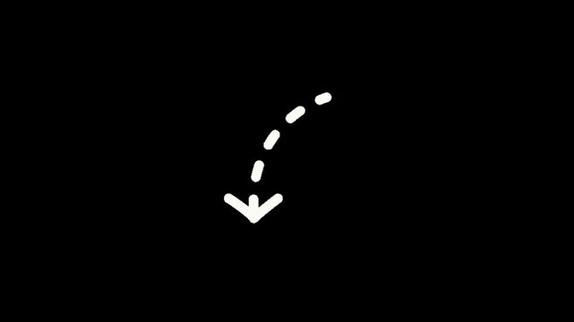 A white dashed arrow pointing downwards on a solid black background with a subtle curved line