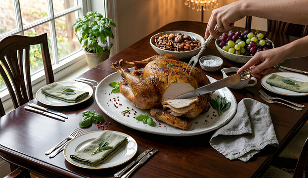 Slicing a grilled whole chicken with side dishes