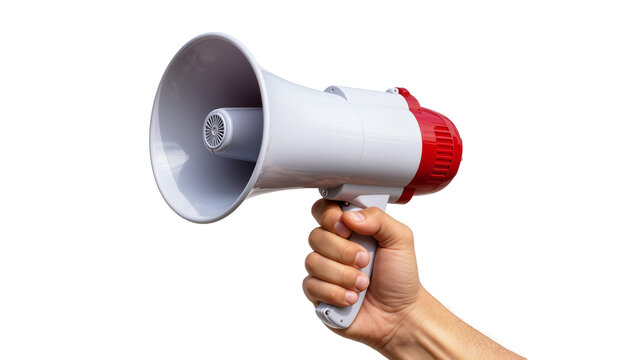Isolated hand holding a powerful white and red megaphone for making announcements