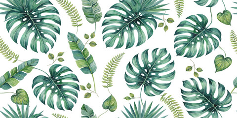 Lush green tropical monstera and fern leaves pattern watercolor illustration on white background © RAKIB