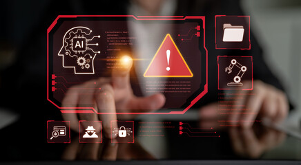 Futuristic cybersecurity concept featuring a critical system warning, malware detection, and red...