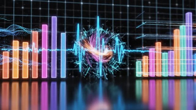 Colorful glowing bar graph with digital data on dark background