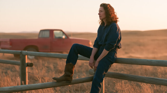 Woman Sintering on Weathered Wooden Fence Next to Vintage Red Pickup Truck in Rural Field at Sunset