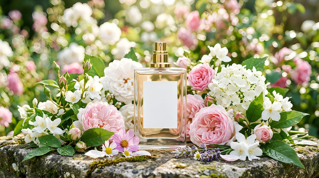 Elegant perfume bottle on stone surface with blooming roses and jasmine