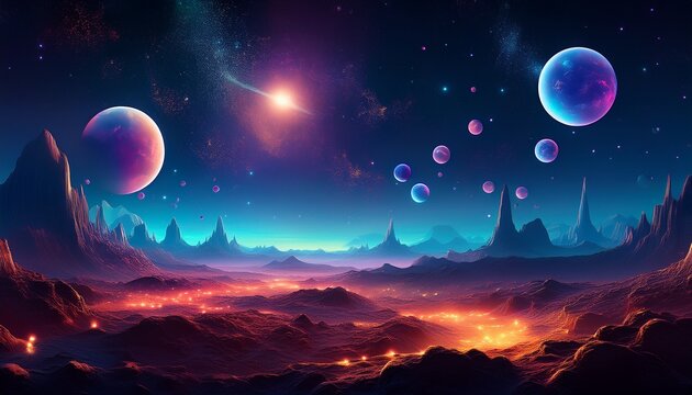 surreal alien landscape featuring constellations moons and glowing orbs