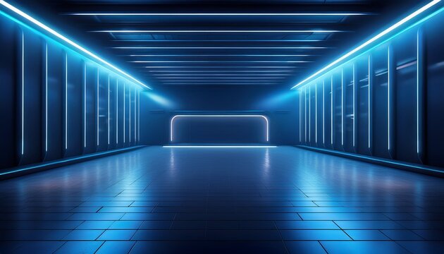 dark blue gradient neon studio interior with glowing light floor and wall empty futuristic room ideal for product display car or motorcycle showcase modern tech and luxury branding