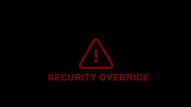 Digital security override warning sign with flashing red alert and bold text notification for cybersecurity breach, system hacking, data protection failure, and critical network access error concepts