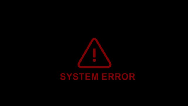 Digital system error alert notification with flashing red warning triangle and bold text on a dark background, representing critical software failure, cybersecurity breach, or technical computer