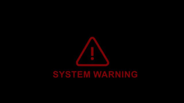 Red system warning alert flashing on dark background, digital cybersecurity threat notification, critical computer error message, software malfunction data breach security concept animation