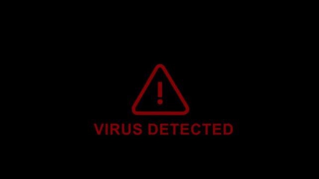 Digital security alert featuring a flashing red virus detected warning sign with an exclamation mark triangle on a stark black background, for cybersecurity, data, protection, and malware concepts