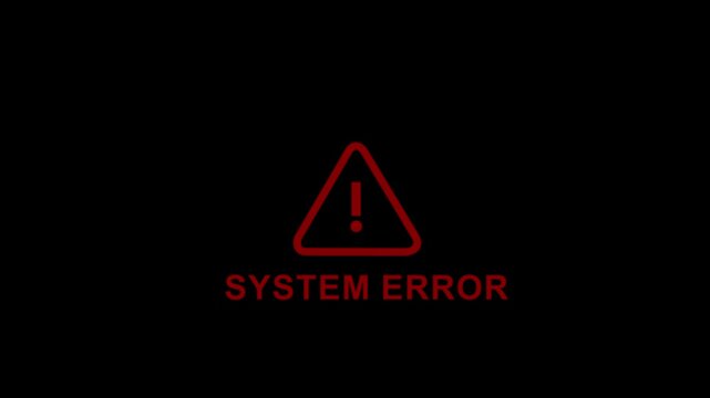 Digital system error alert notification with flashing red warning triangle and bold text on a minimalist black background, for cybersecurity, software, failure, and technical, glitch concepts